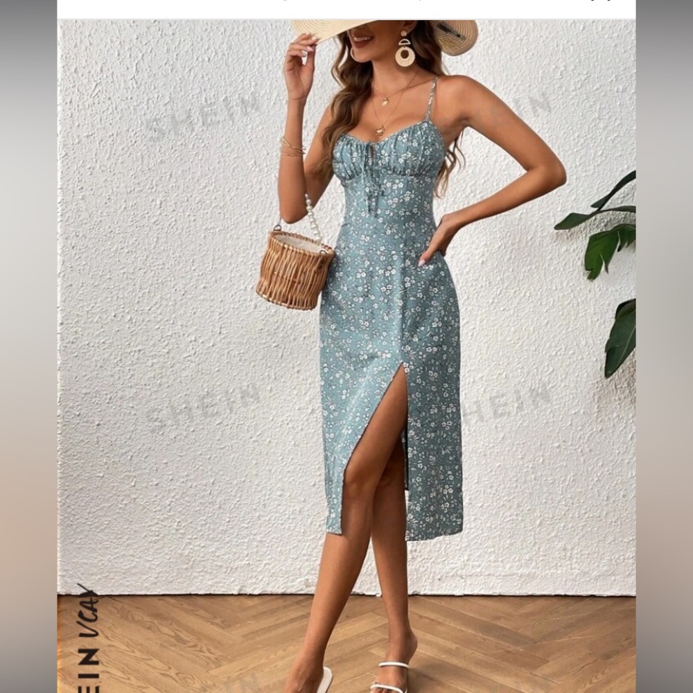 NWT SHEIN VCAY Dusty Blue Floral Print Dress M